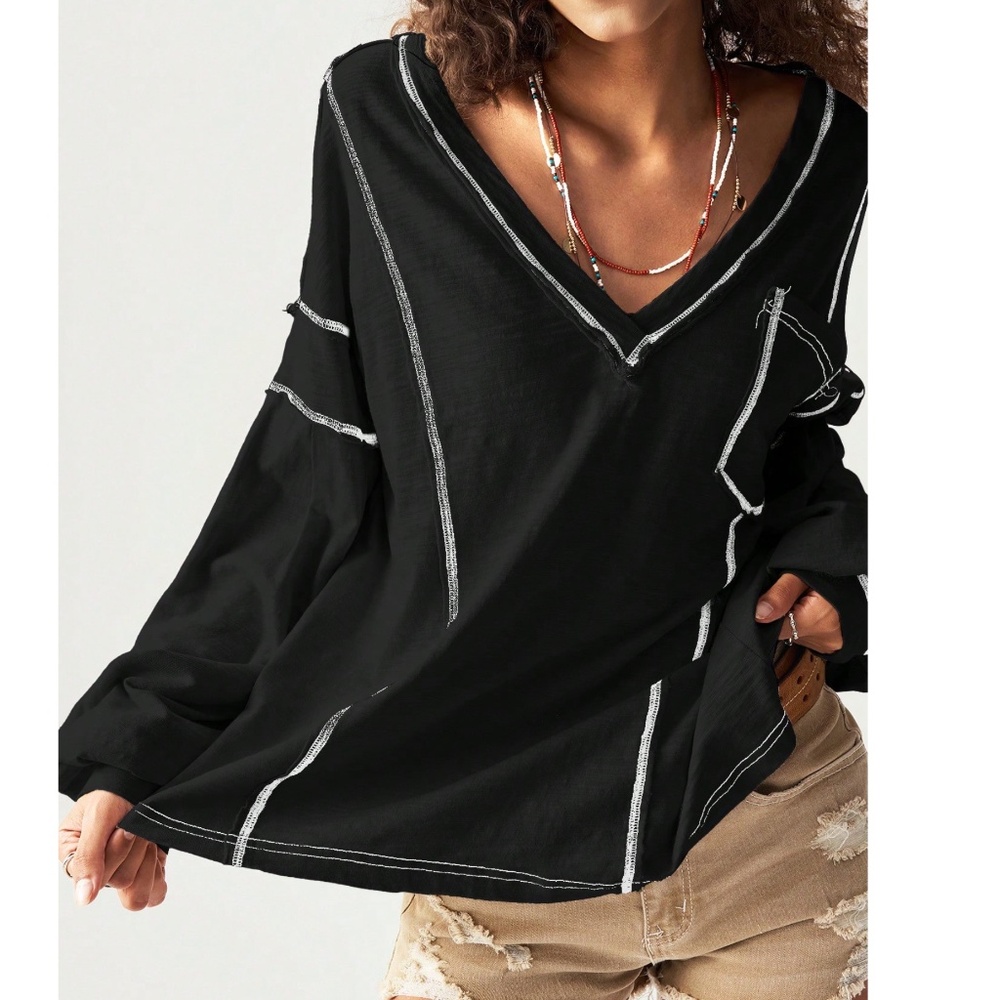 Solid Cotton V Neck Reverse Stitch Loose Fit Long… - image 4